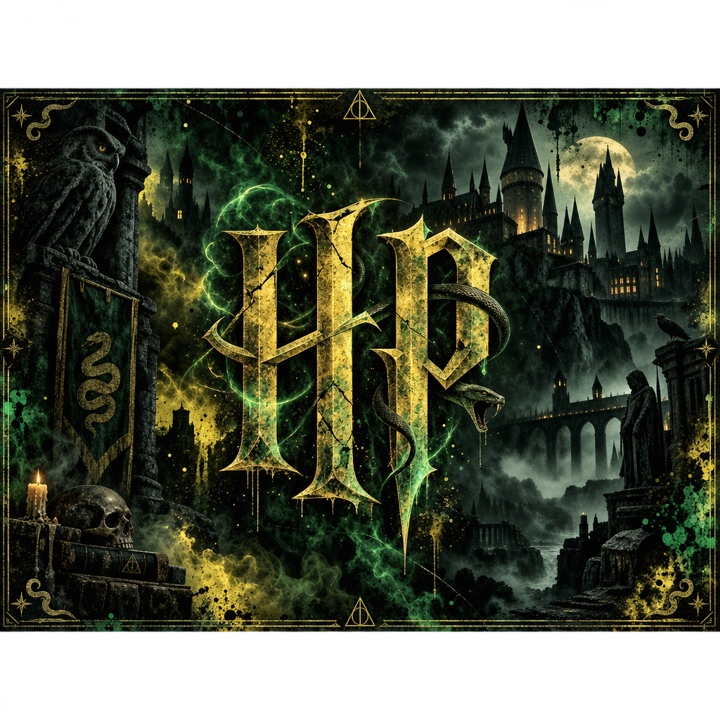 Create a dark, atmospheric grunge banner with a horror-inspired Hogwartsmagical aesthetic, using….png