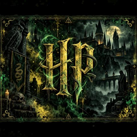 Create a dark, atmospheric grunge banner with a horror inspired Hogwartsmagical aesthetic, using…