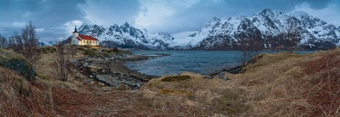 A Late evening view to Austnesfjorden at Sildpollnes Church, Austvågøya, Lofoten, Norway, 2015 April